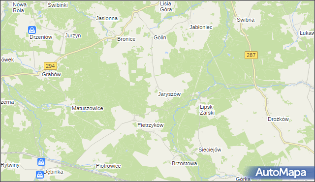 mapa Jaryszów gmina Jasień, Jaryszów gmina Jasień na mapie Targeo