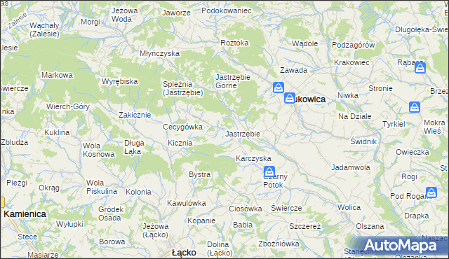 mapa Jastrzębie gmina Łukowica, Jastrzębie gmina Łukowica na mapie Targeo