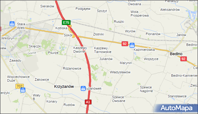 mapa Julianów gmina Krzyżanów, Julianów gmina Krzyżanów na mapie Targeo