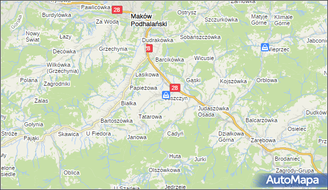 mapa Juszczyn gmina Maków Podhalański, Juszczyn gmina Maków Podhalański na mapie Targeo