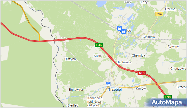 mapa Kałki gmina Trzebiel, Kałki gmina Trzebiel na mapie Targeo