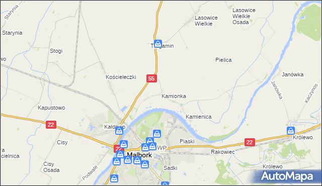 mapa Kamionka gmina Malbork, Kamionka gmina Malbork na mapie Targeo