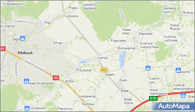 mapa Kamyk gmina Kłobuck, Kamyk gmina Kłobuck na mapie Targeo