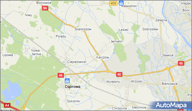 mapa Karczów gmina Dąbrowa, Karczów gmina Dąbrowa na mapie Targeo