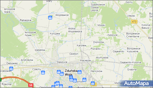 mapa Karolew gmina Zduńska Wola, Karolew gmina Zduńska Wola na mapie Targeo