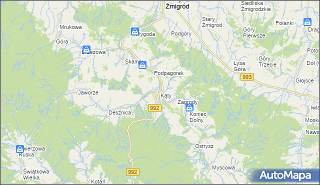 mapa Kąty gmina Nowy Żmigród, Kąty gmina Nowy Żmigród na mapie Targeo