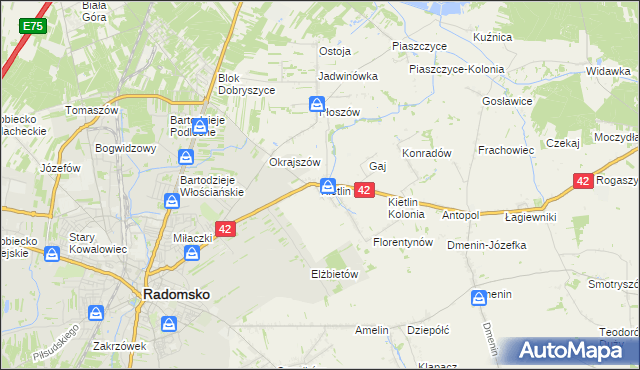 mapa Kietlin gmina Radomsko, Kietlin gmina Radomsko na mapie Targeo