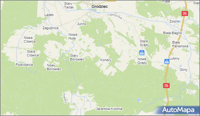 mapa Konary gmina Grodziec, Konary gmina Grodziec na mapie Targeo