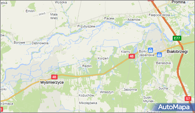 mapa Korzeń gmina Wyśmierzyce, Korzeń gmina Wyśmierzyce na mapie Targeo