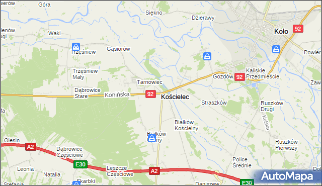 mapa Kościelec powiat kolski, Kościelec powiat kolski na mapie Targeo