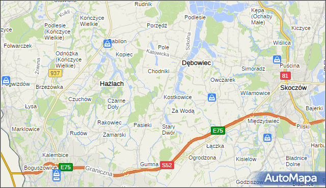 mapa Kostkowice gmina Dębowiec, Kostkowice gmina Dębowiec na mapie Targeo