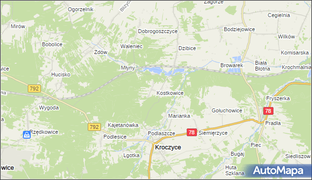 mapa Kostkowice gmina Kroczyce, Kostkowice gmina Kroczyce na mapie Targeo