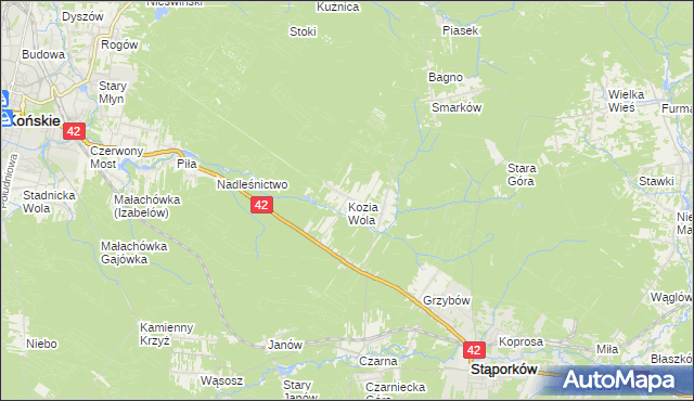 mapa Kozia Wola gmina Stąporków, Kozia Wola gmina Stąporków na mapie Targeo