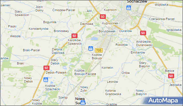 mapa Kozłów Biskupi, Kozłów Biskupi na mapie Targeo