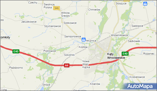 mapa Kozłów gmina Kąty Wrocławskie, Kozłów gmina Kąty Wrocławskie na mapie Targeo