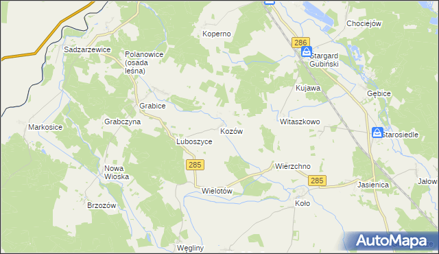 mapa Kozów gmina Gubin, Kozów gmina Gubin na mapie Targeo