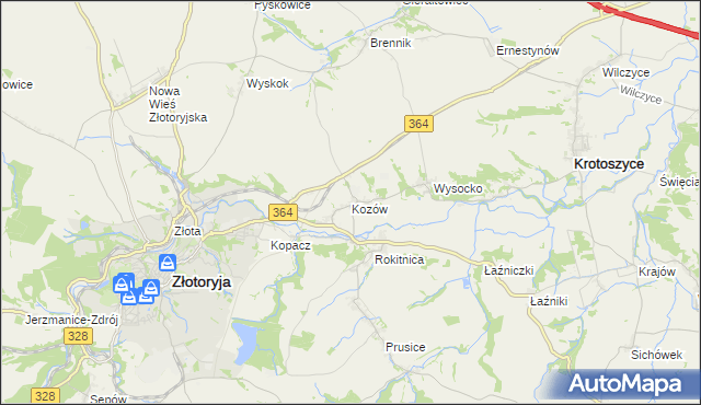 mapa Kozów gmina Złotoryja, Kozów gmina Złotoryja na mapie Targeo