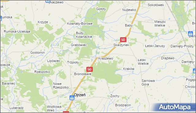 mapa Kraszewo gmina Ojrzeń, Kraszewo gmina Ojrzeń na mapie Targeo