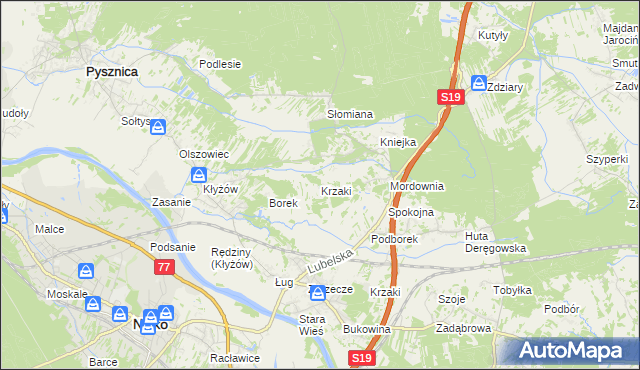 mapa Krzaki gmina Pysznica, Krzaki gmina Pysznica na mapie Targeo