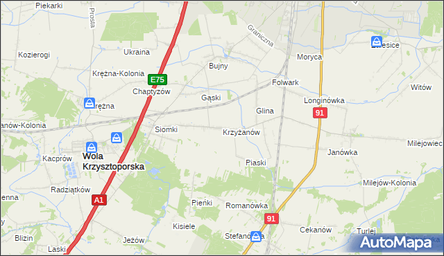 mapa Krzyżanów gmina Wola Krzysztoporska, Krzyżanów gmina Wola Krzysztoporska na mapie Targeo