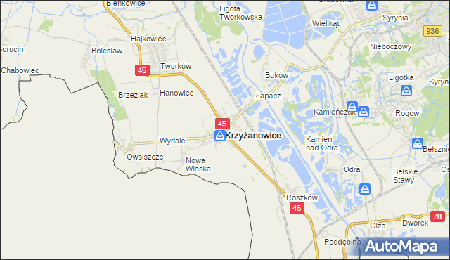 mapa Krzyżanowice powiat raciborski, Krzyżanowice powiat raciborski na mapie Targeo