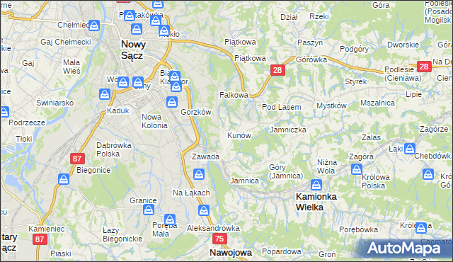 mapa Kunów gmina Chełmiec, Kunów gmina Chełmiec na mapie Targeo