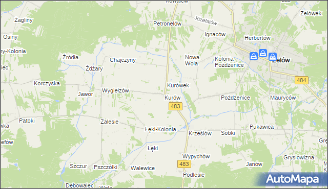 mapa Kurów gmina Zelów, Kurów gmina Zelów na mapie Targeo