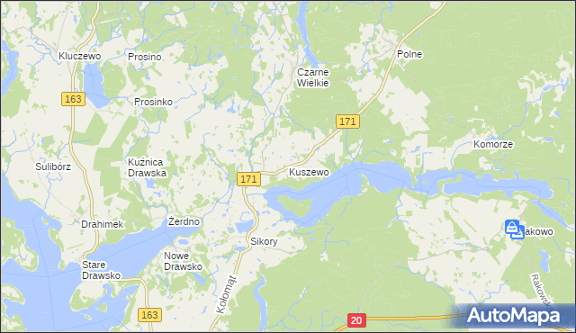 mapa Kuszewo gmina Czaplinek, Kuszewo gmina Czaplinek na mapie Targeo