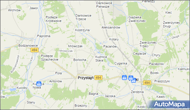 mapa Kuźnica Stara gmina Przystajń, Kuźnica Stara gmina Przystajń na mapie Targeo