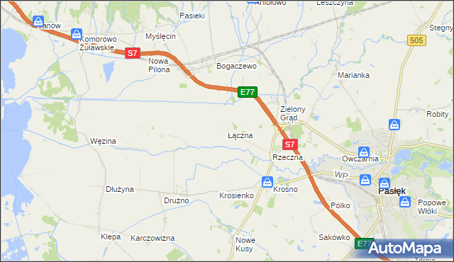 mapa Łączna gmina Pasłęk, Łączna gmina Pasłęk na mapie Targeo