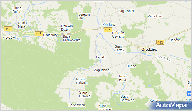 mapa Lądek gmina Grodziec, Lądek gmina Grodziec na mapie Targeo