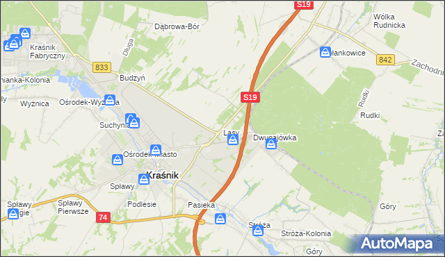 mapa Lasy gmina Kraśnik, Lasy gmina Kraśnik na mapie Targeo