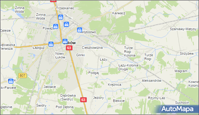 mapa Łazy gmina Łuków, Łazy gmina Łuków na mapie Targeo