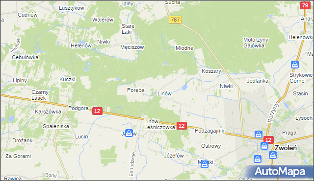 mapa Linów gmina Zwoleń, Linów gmina Zwoleń na mapie Targeo