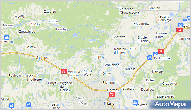 mapa Lipiny gmina Pilzno, Lipiny gmina Pilzno na mapie Targeo