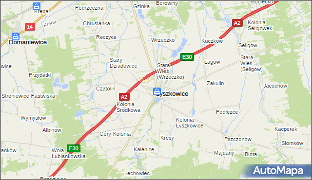 mapa Łyszkowice powiat łowicki, Łyszkowice powiat łowicki na mapie Targeo