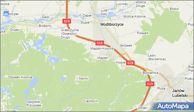 mapa Majdan gmina Modliborzyce, Majdan gmina Modliborzyce na mapie Targeo