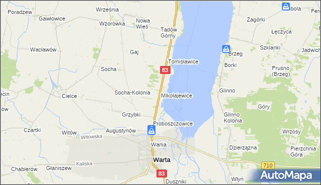 mapa Mikołajewice gmina Warta, Mikołajewice gmina Warta na mapie Targeo