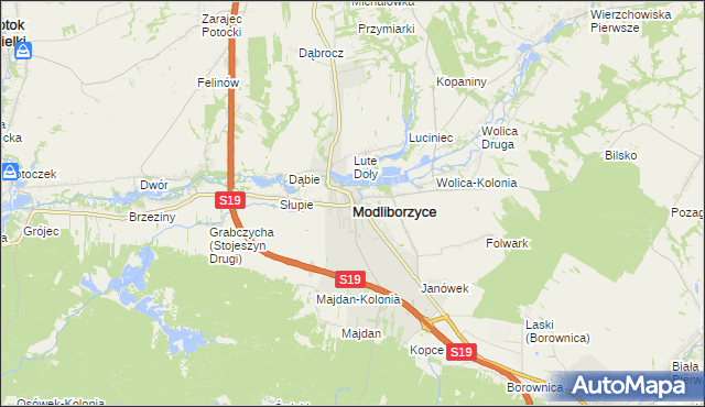mapa Modliborzyce powiat janowski, Modliborzyce powiat janowski na mapie Targeo