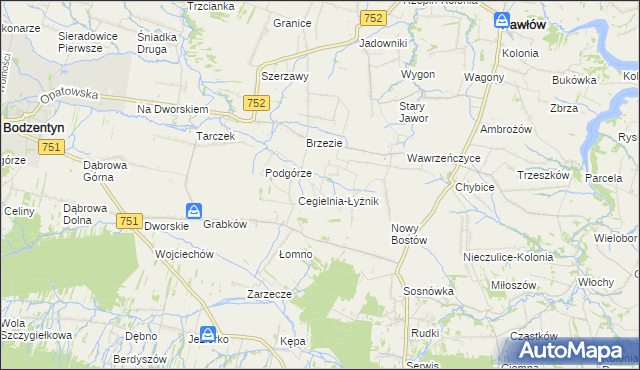 mapa Modrzewie gmina Pawłów, Modrzewie gmina Pawłów na mapie Targeo