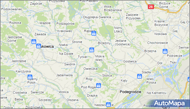 mapa Mokra Wieś gmina Podegrodzie, Mokra Wieś gmina Podegrodzie na mapie Targeo