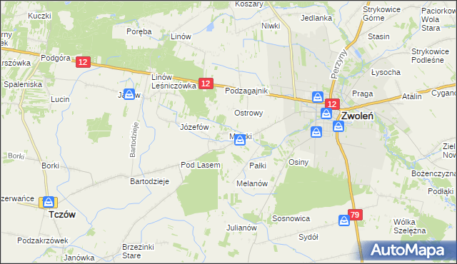 mapa Mostki gmina Zwoleń, Mostki gmina Zwoleń na mapie Targeo