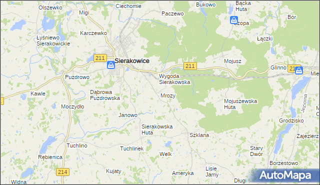 mapa Mrozy gmina Sierakowice, Mrozy gmina Sierakowice na mapie Targeo