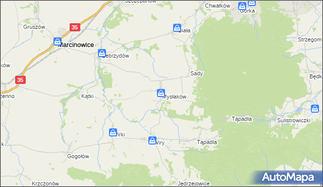 mapa Mysłaków gmina Marcinowice, Mysłaków gmina Marcinowice na mapie Targeo