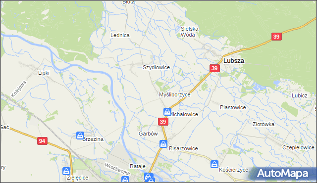 mapa Myśliborzyce gmina Lubsza, Myśliborzyce gmina Lubsza na mapie Targeo