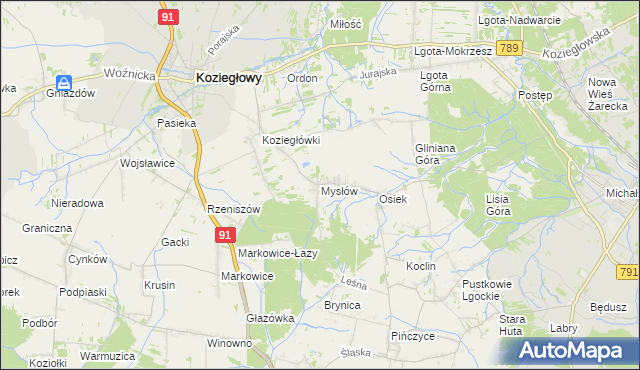 mapa Mysłów gmina Koziegłowy, Mysłów gmina Koziegłowy na mapie Targeo