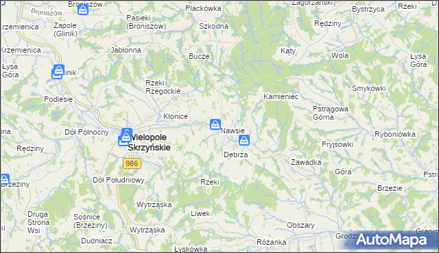mapa Nawsie gmina Wielopole Skrzyńskie, Nawsie gmina Wielopole Skrzyńskie na mapie Targeo
