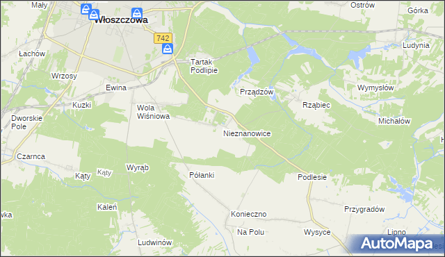 mapa Nieznanowice gmina Włoszczowa, Nieznanowice gmina Włoszczowa na mapie Targeo