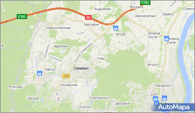 mapa Niwy gmina Osielsko, Niwy gmina Osielsko na mapie Targeo