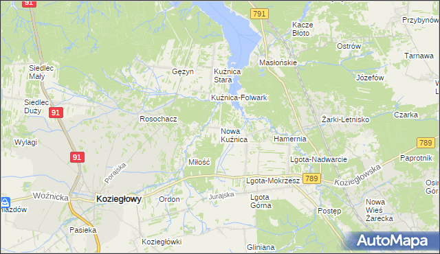 mapa Nowa Kuźnica gmina Koziegłowy, Nowa Kuźnica gmina Koziegłowy na mapie Targeo